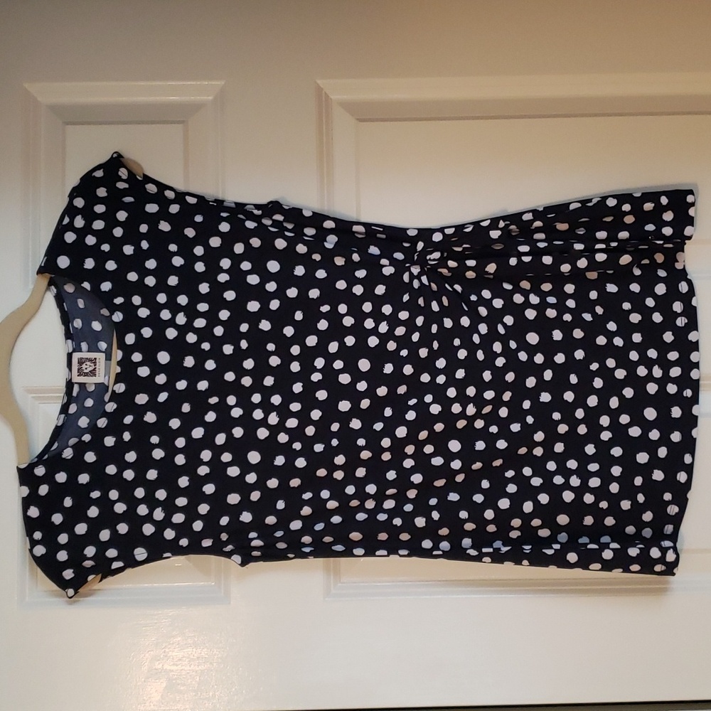 Anne Klein Navy and White Pokadot Blouse Size Small